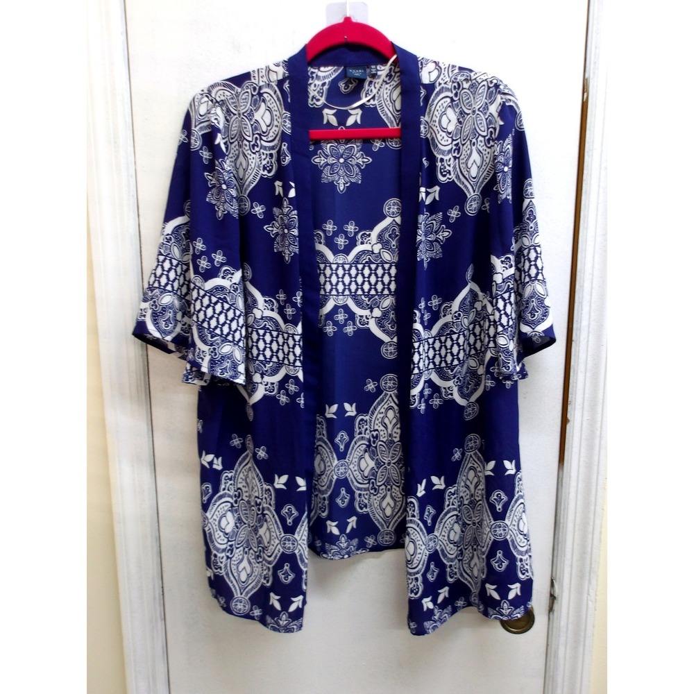 Kaari Blue Curvy Womens 1X Royal Blue White Paisley Kimono /‎ #26379